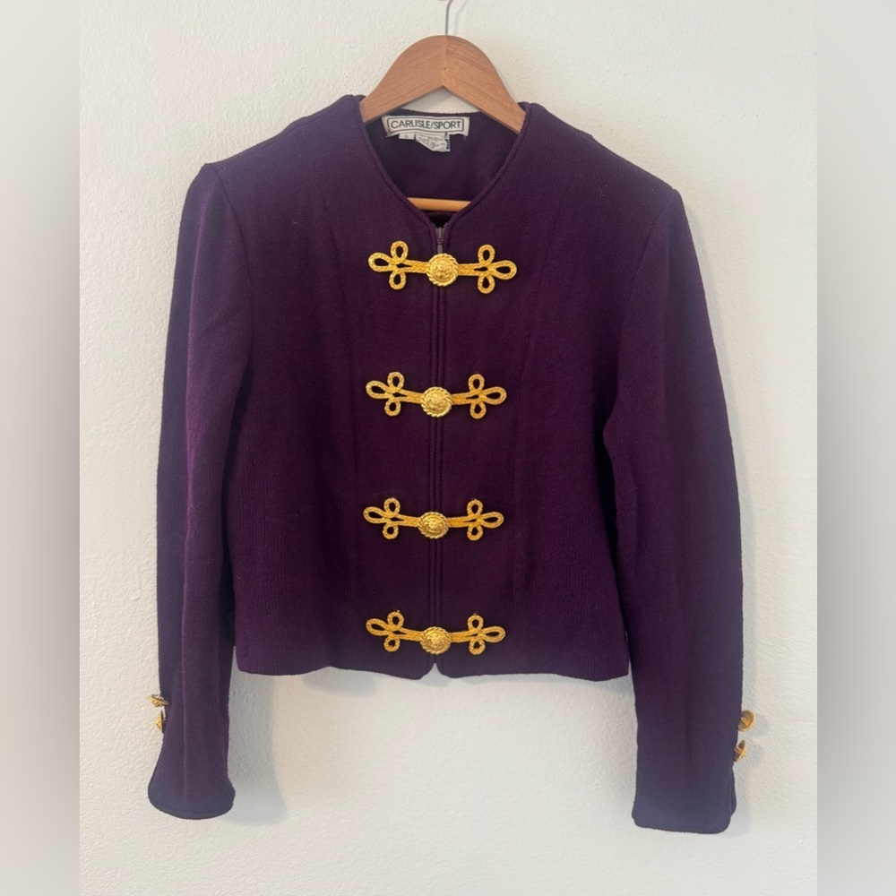 Vintage Carlisle Sport Knit Purple Jacket Gold Lion Old Money Luxury Military Sm
